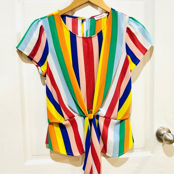 Blu Pepper Tops - Blu Pepper Rainbow Striped Tie-Front Peplum Top Size S